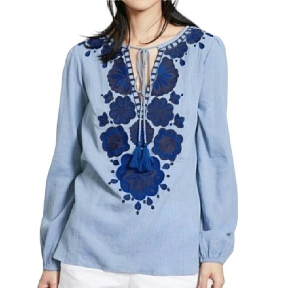 Boden Allegra Floral Embroidered Tassel Tie Neck Gauze Top Tunic Long Sleeve